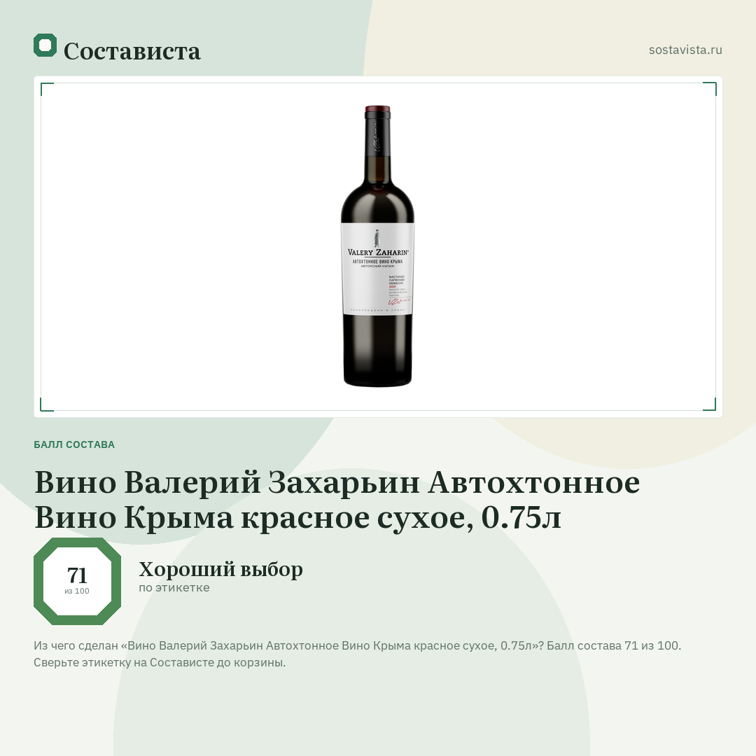 Вино Валерий Захарьин Автохтонное Вино Крыма красное сухое, 0.75л: балл состава 71 из 100 — Состависта