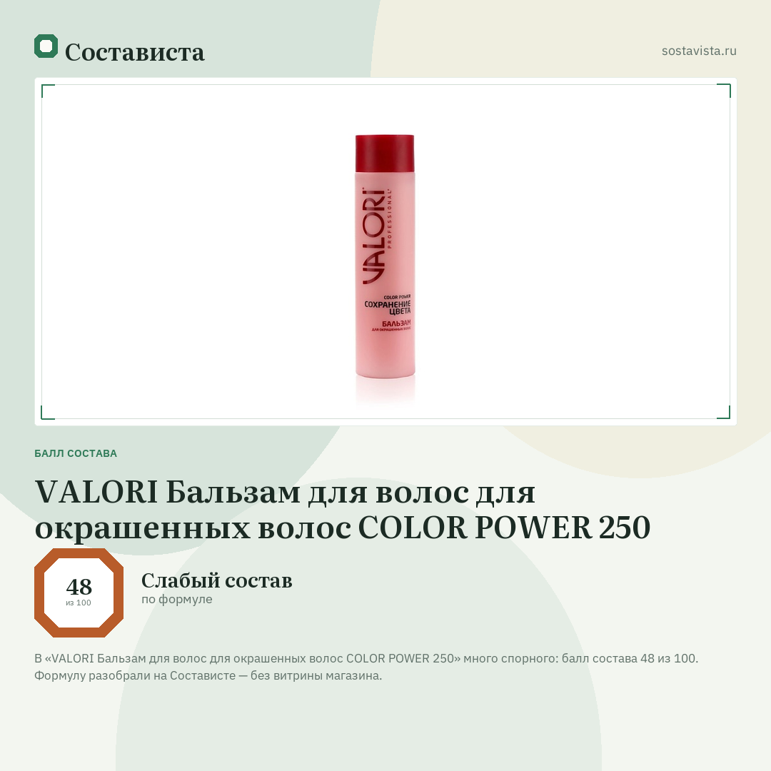 VALORI Бальзам для волос для окрашенных волос COLOR POWER 250: балл состава 48 из 100 — Состависта