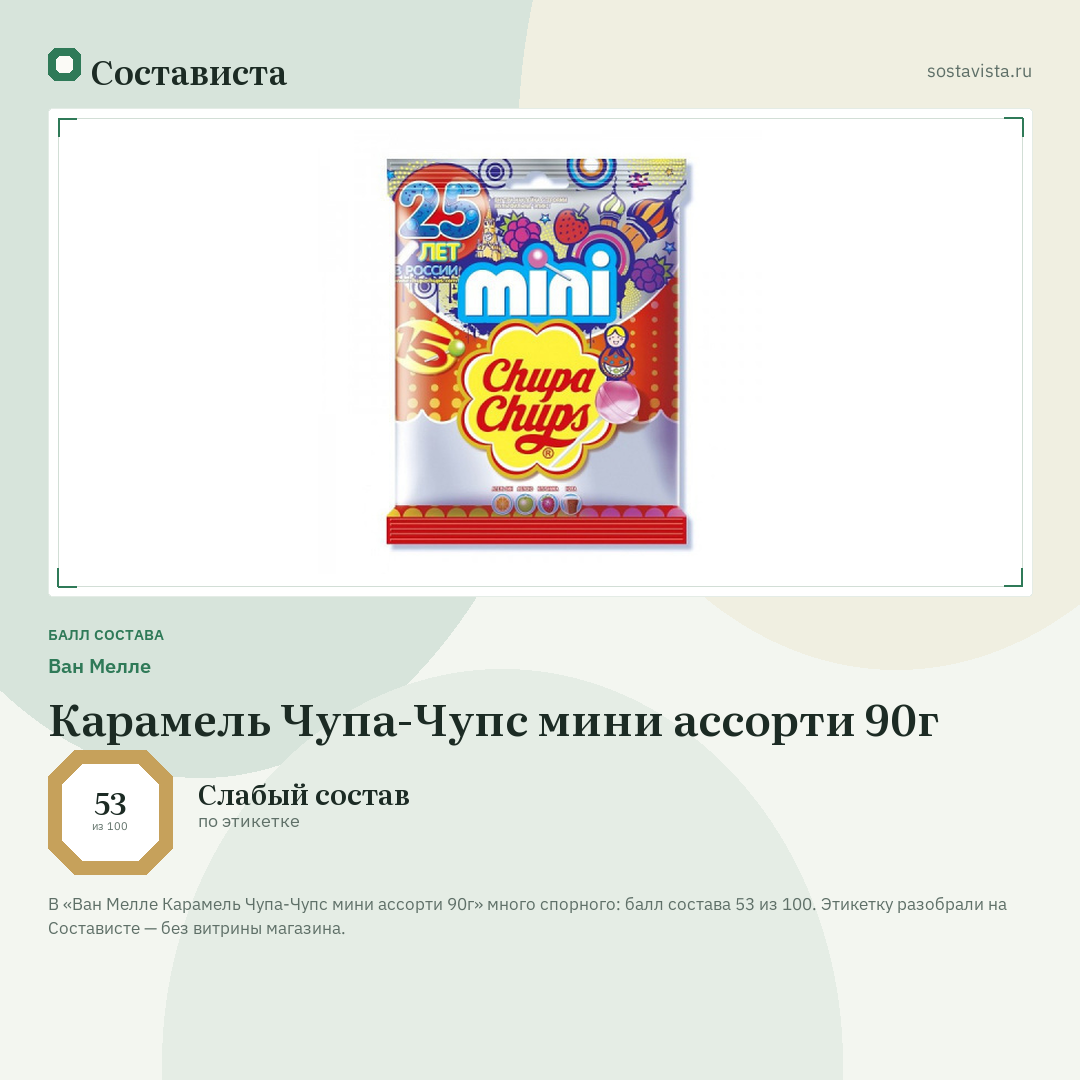 Ван Мелле Карамель Чупа-Чупс мини ассорти 90г: балл состава 53 из 100 — Состависта