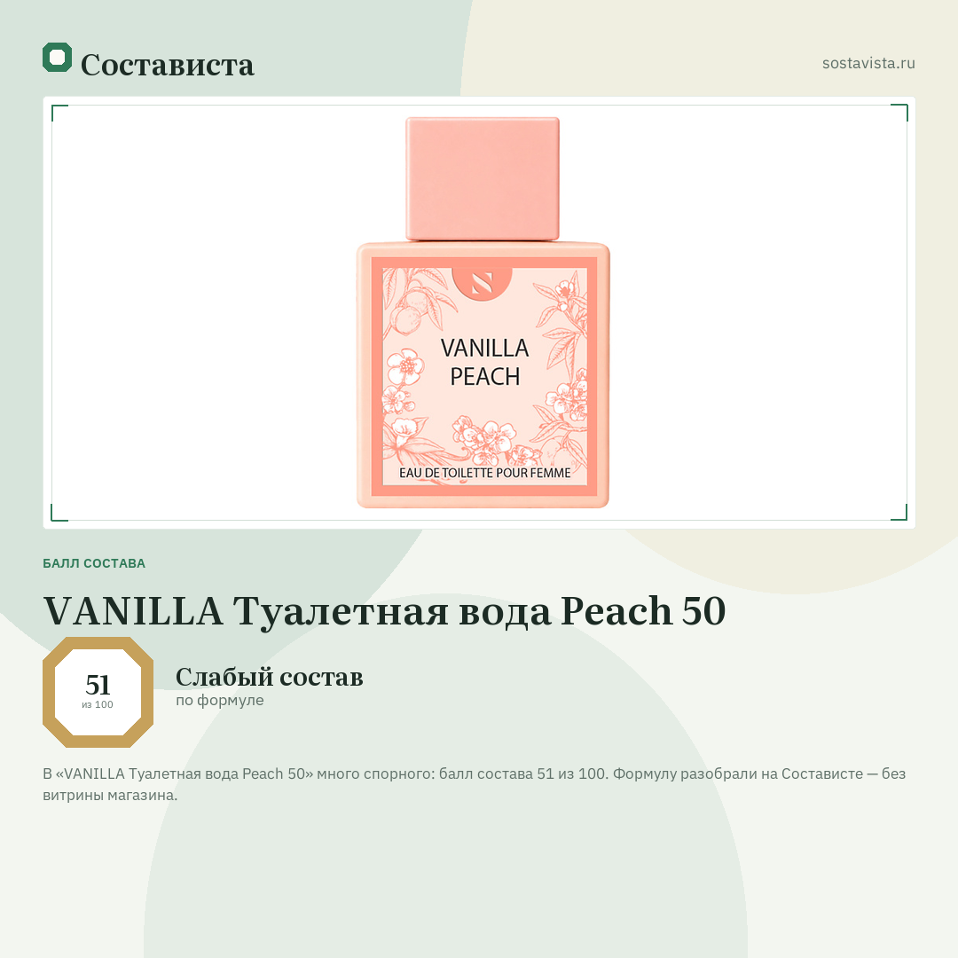 VANILLA Туалетная вода Peach 50: балл состава 51 из 100 — Состависта