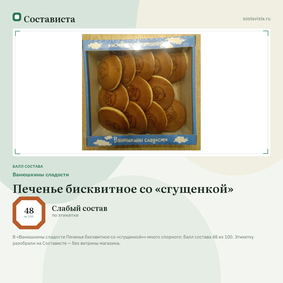 Ванюшкины сладости Печенье бисквитное со «сгущенкой»: балл состава 48 из 100 — Состависта
