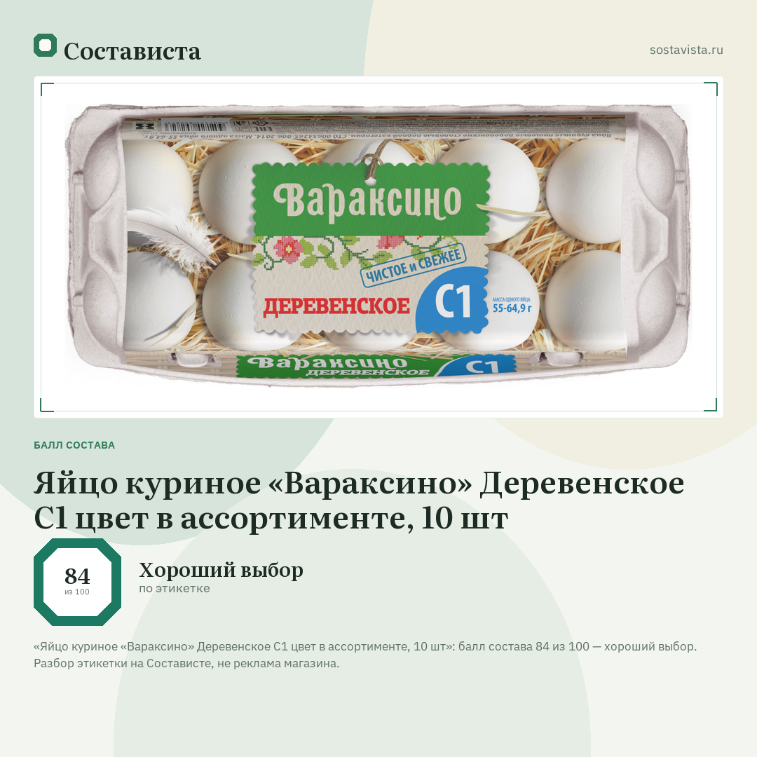 Яйцо куриное «Вараксино» Деревенское С1 цвет в ассортименте, 10 шт: балл состава 84 из 100 — Состависта