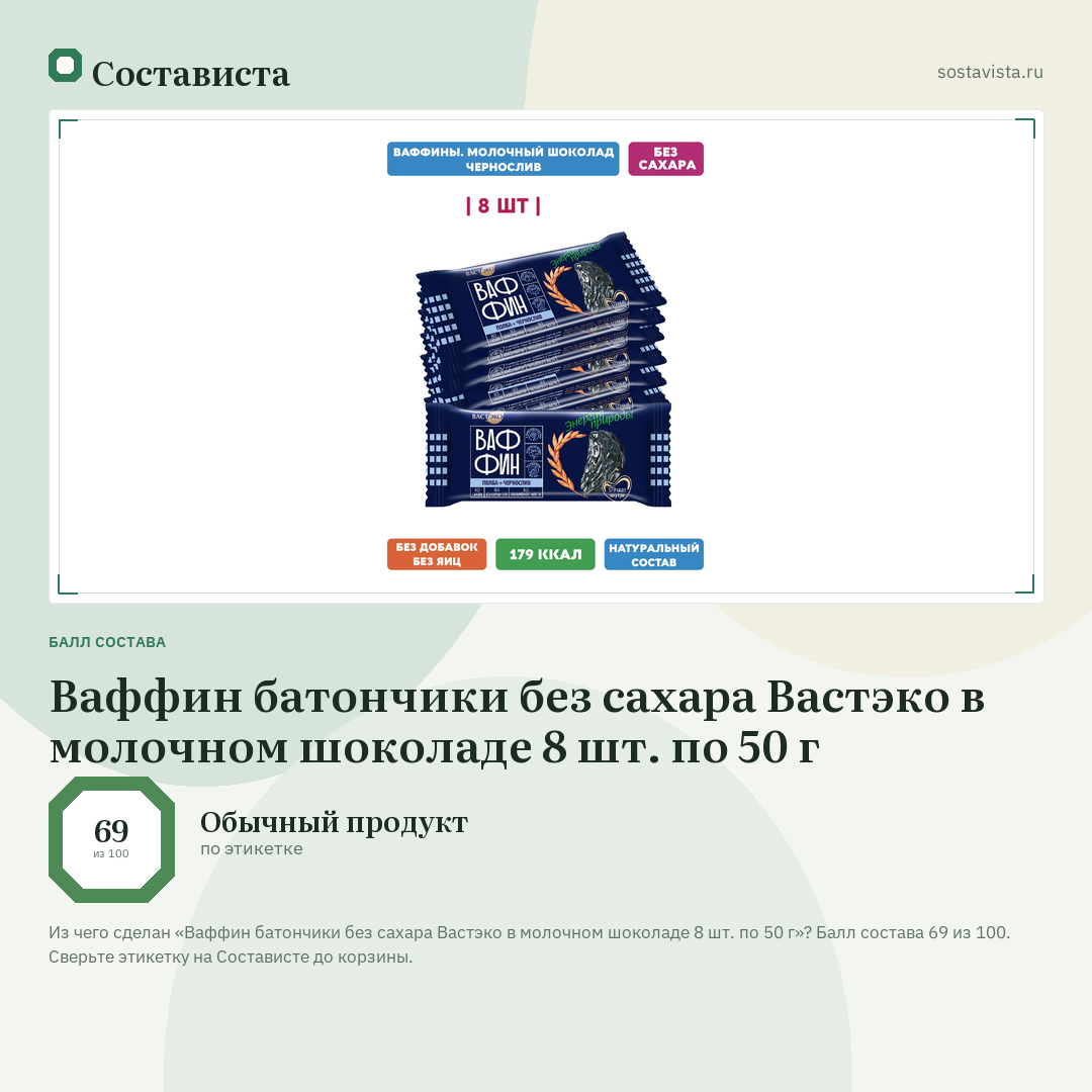 Ваффин батончики без сахара Вастэко в молочном шоколаде 8 шт. по 50 г: балл состава 69 из 100 — Состависта