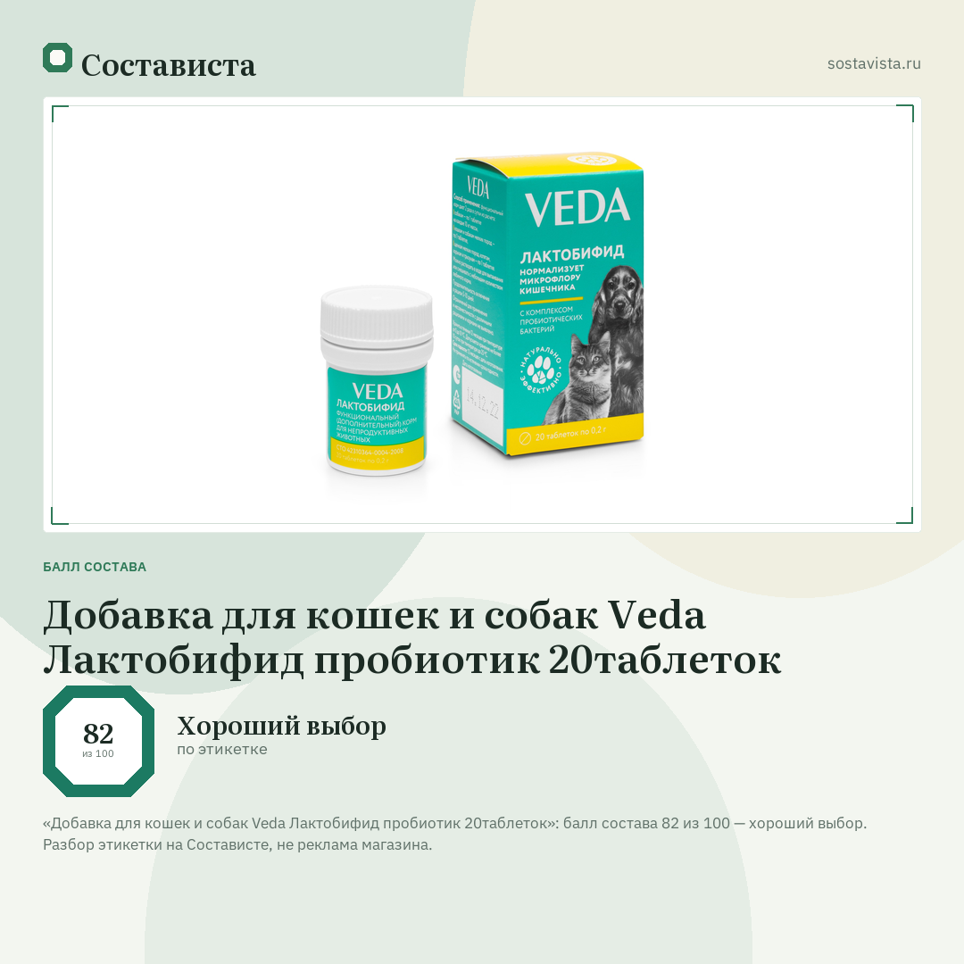 Добавка для кошек и собак Veda Лактобифид пробиотик 20таблеток: балл состава 82 из 100 — Состависта