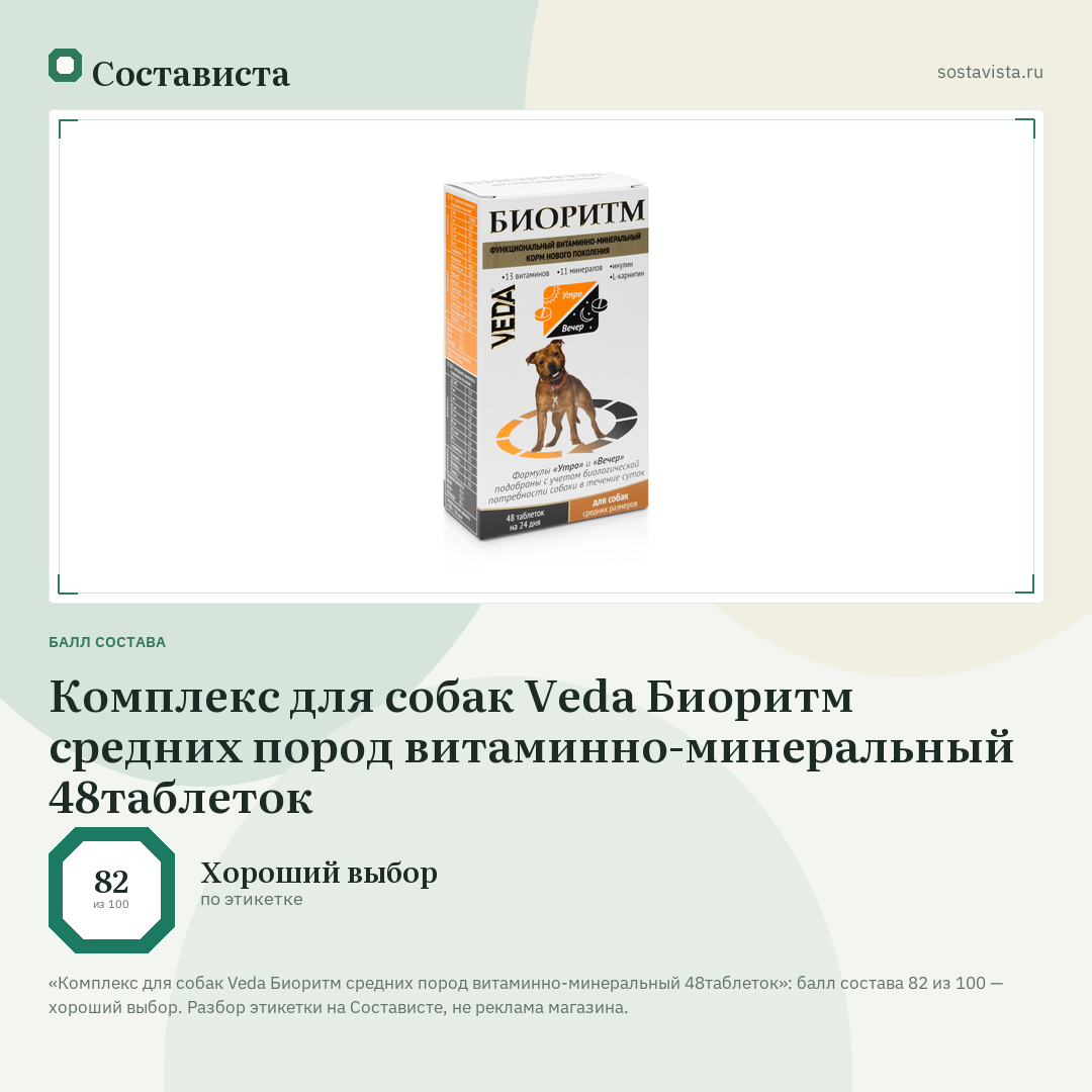 Комплекс для собак Veda Биоритм средних пород витаминно-минеральный 48таблеток: балл состава 82 из 100 — Состависта