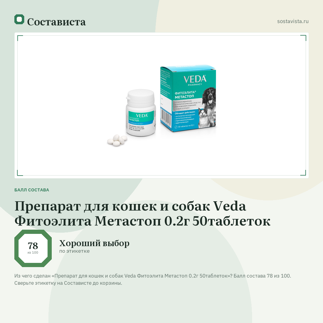 Препарат для кошек и собак Veda Фитоэлита Метастоп 0.2г 50таблеток: балл состава 78 из 100 — Состависта