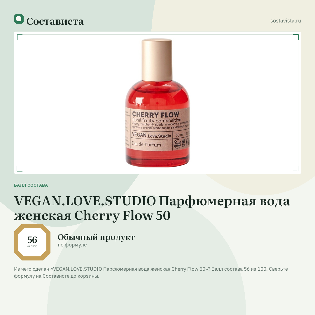 VEGAN.LOVE.STUDIO Парфюмерная вода женская Cherry Flow 50: балл состава 56 из 100 — Состависта