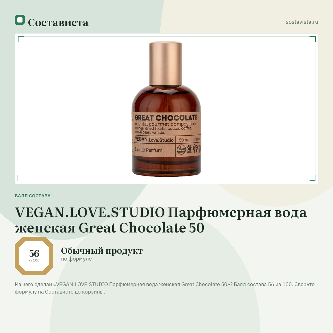 VEGAN.LOVE.STUDIO Парфюмерная вода женская Great Chocolate 50: балл состава 56 из 100 — Состависта