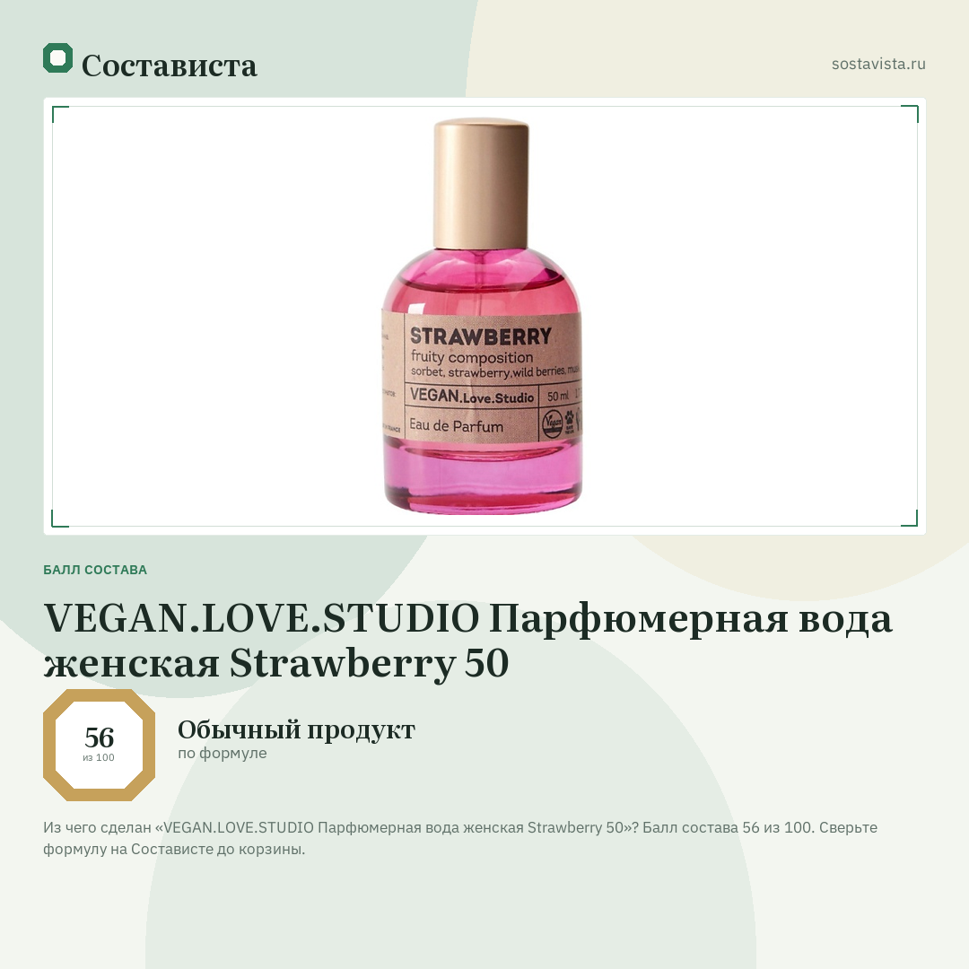 VEGAN.LOVE.STUDIO Парфюмерная вода женская Strawberry 50: балл состава 56 из 100 — Состависта