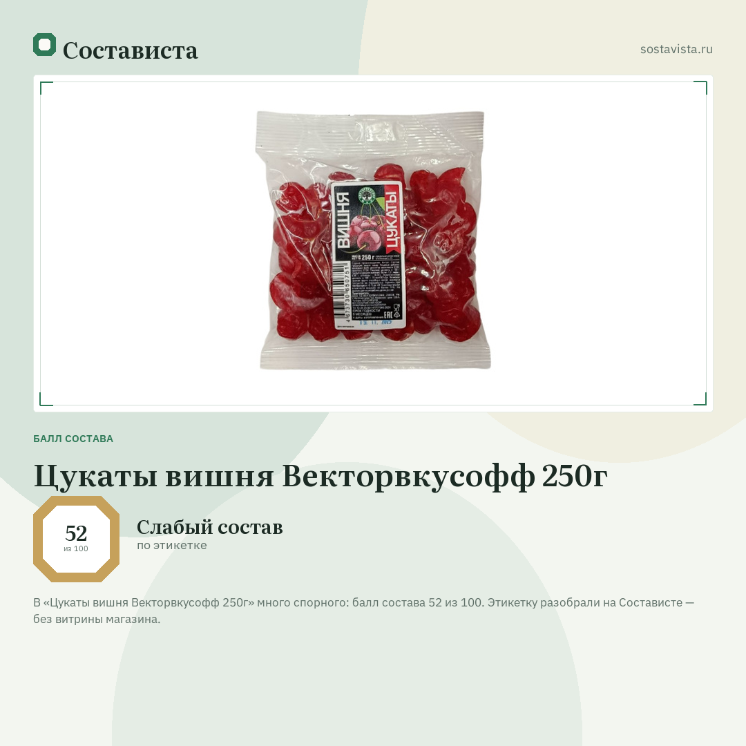 Цукаты вишня Векторвкусофф 250г: балл состава 52 из 100 — Состависта