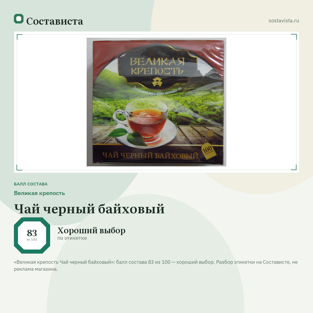 Великая крепость Чай черный байховый: балл состава 83 из 100 — Состависта
