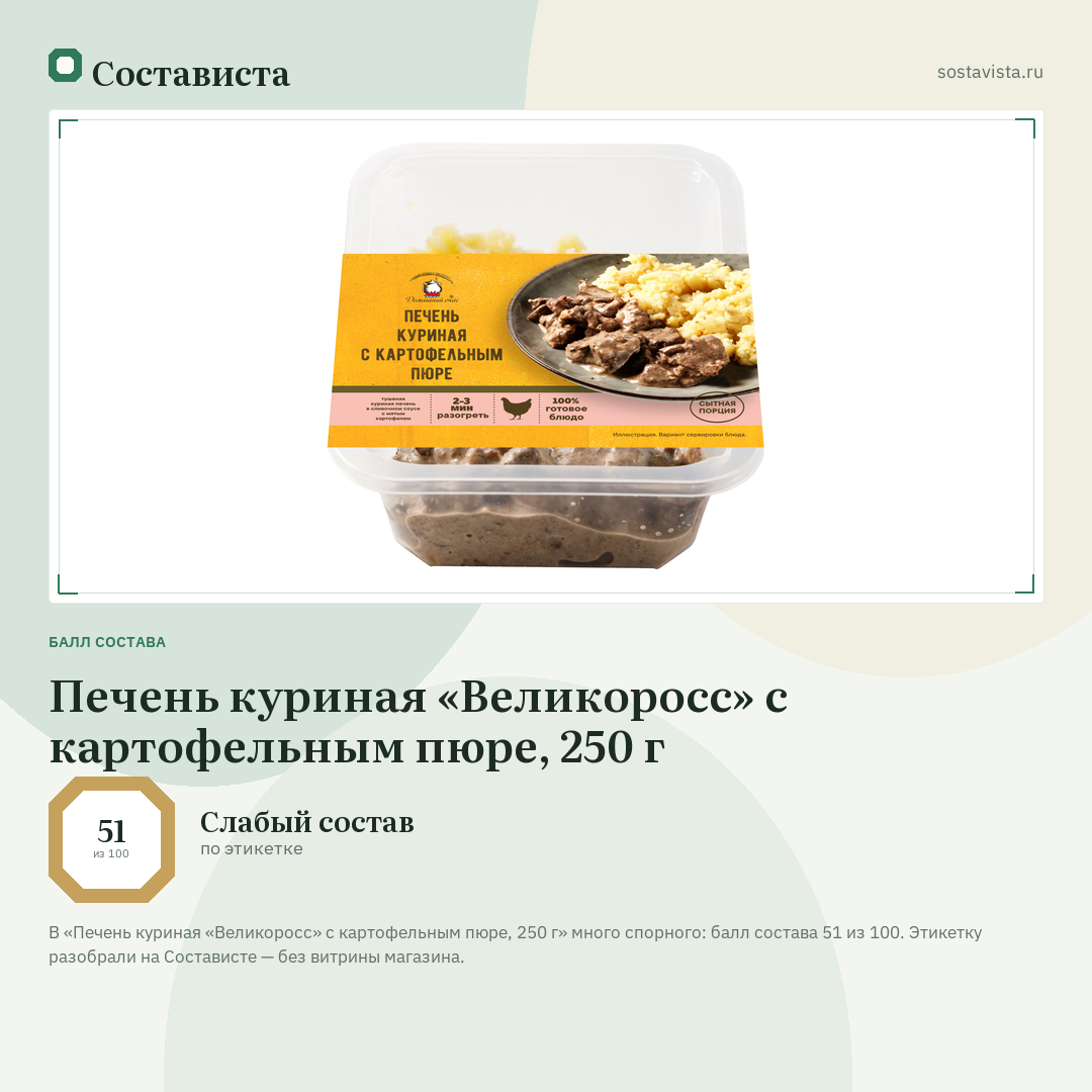 Печень куриная «Великоросс» с картофельным пюре, 250 г: балл состава 51 из 100 — Состависта