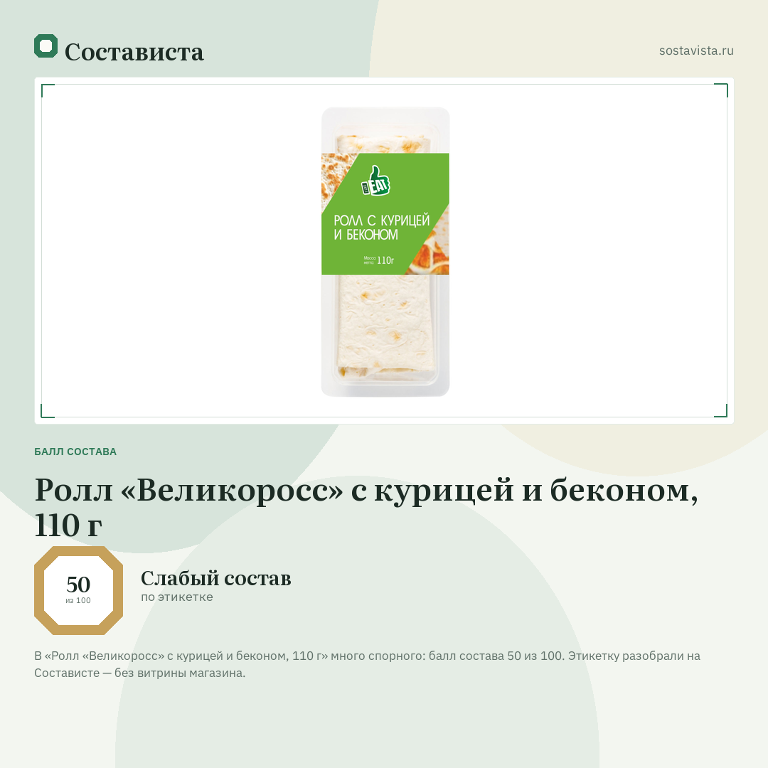 Ролл «Великоросс» с курицей и беконом, 110 г: балл состава 50 из 100 — Состависта