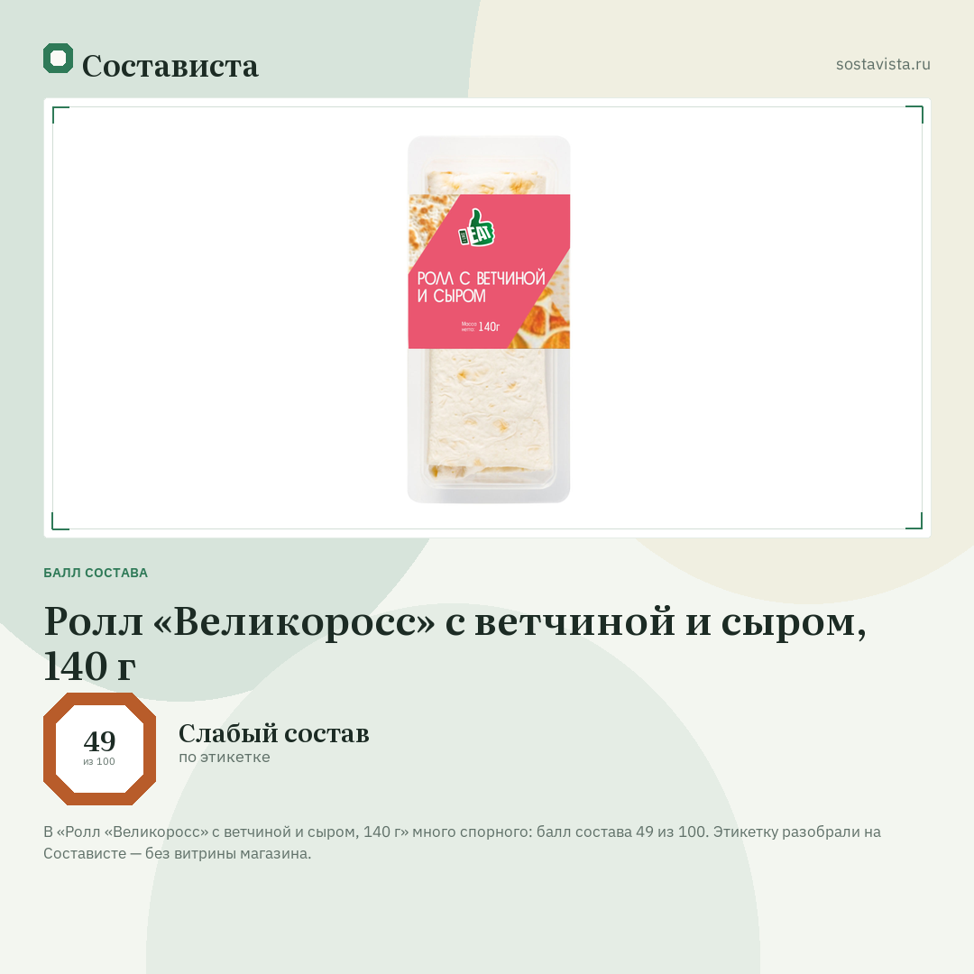 Ролл «Великоросс» с ветчиной и сыром, 140 г: балл состава 49 из 100 — Состависта