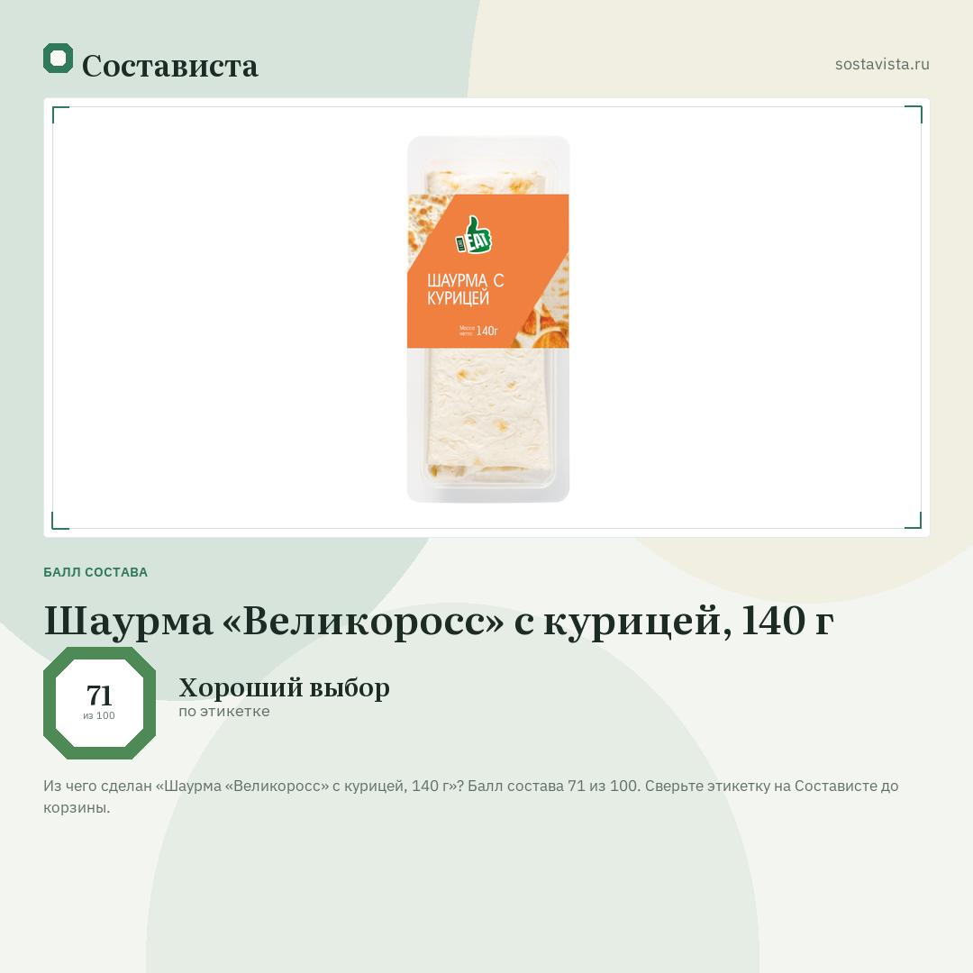 Шаурма «Великоросс» с курицей, 140 г: балл состава 71 из 100 — Состависта