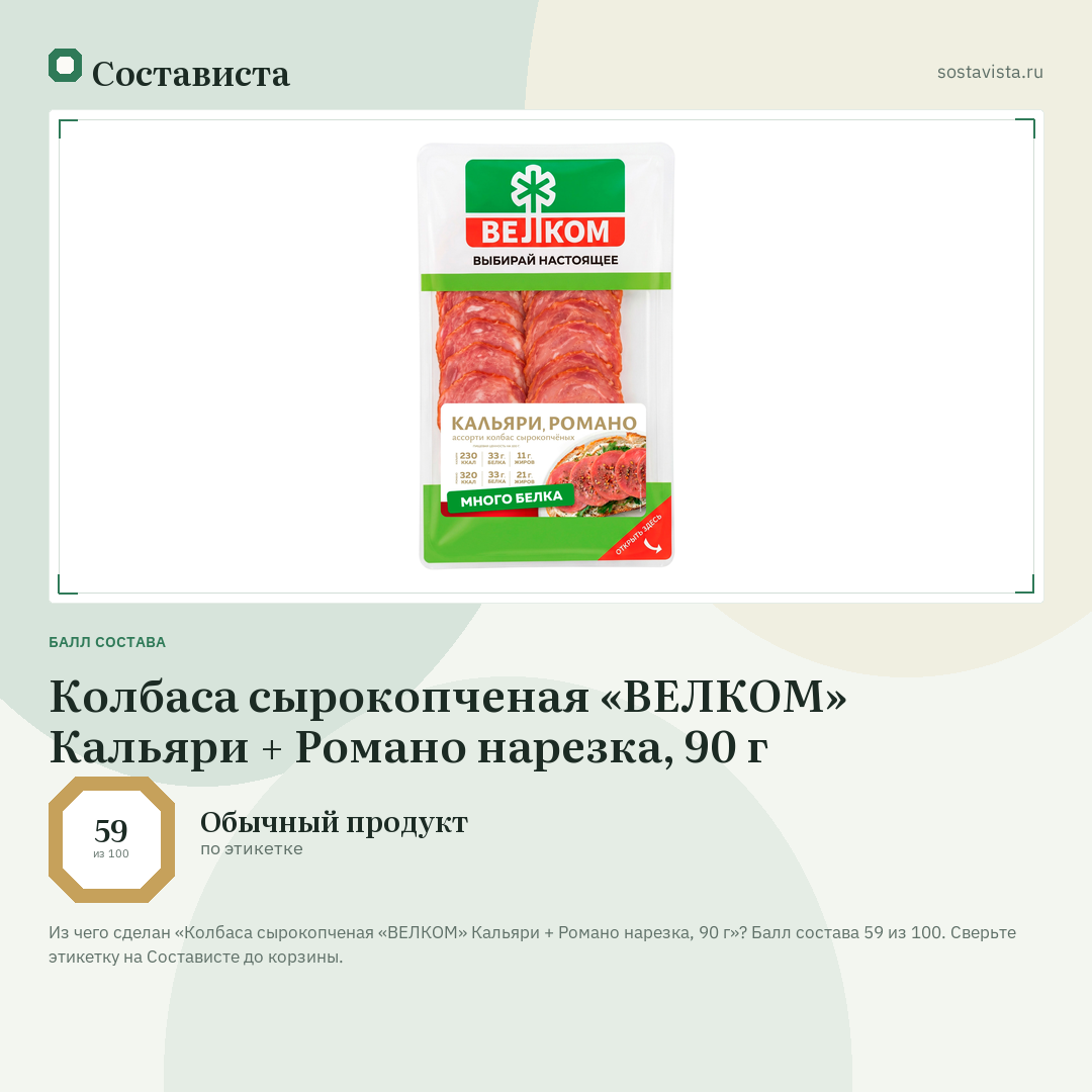 Колбаса сырокопченая «ВЕЛКОМ» Кальяри + Романо нарезка, 90 г: балл состава 59 из 100 — Состависта