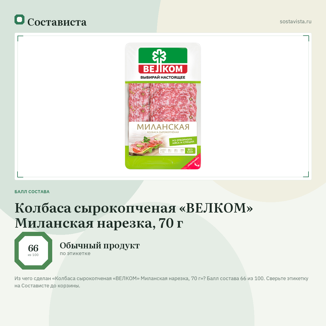 Колбаса сырокопченая «ВЕЛКОМ» Миланская нарезка, 70 г: балл состава 66 из 100 — Состависта