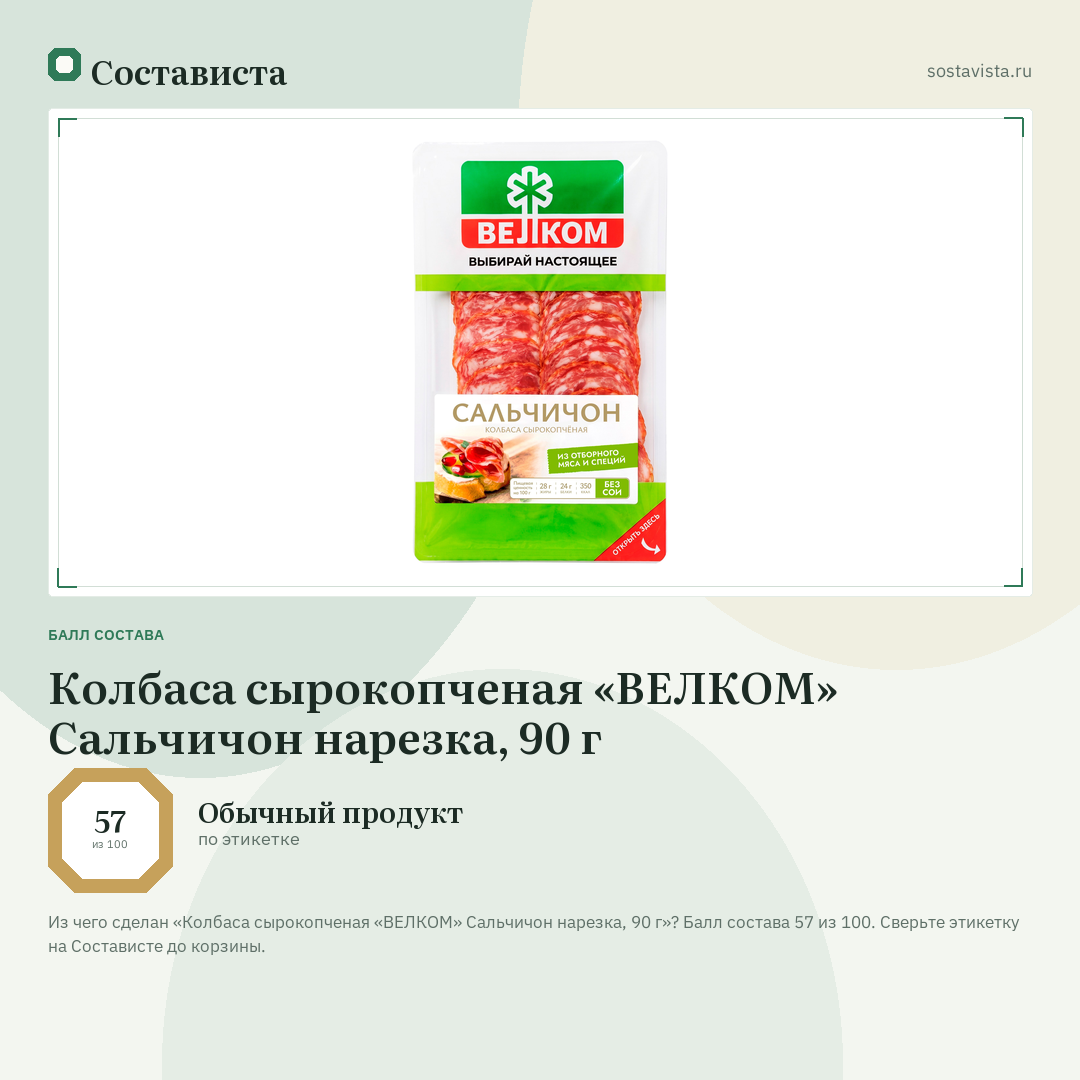 Колбаса сырокопченая «ВЕЛКОМ» Сальчичон нарезка, 90 г: балл состава 57 из 100 — Состависта