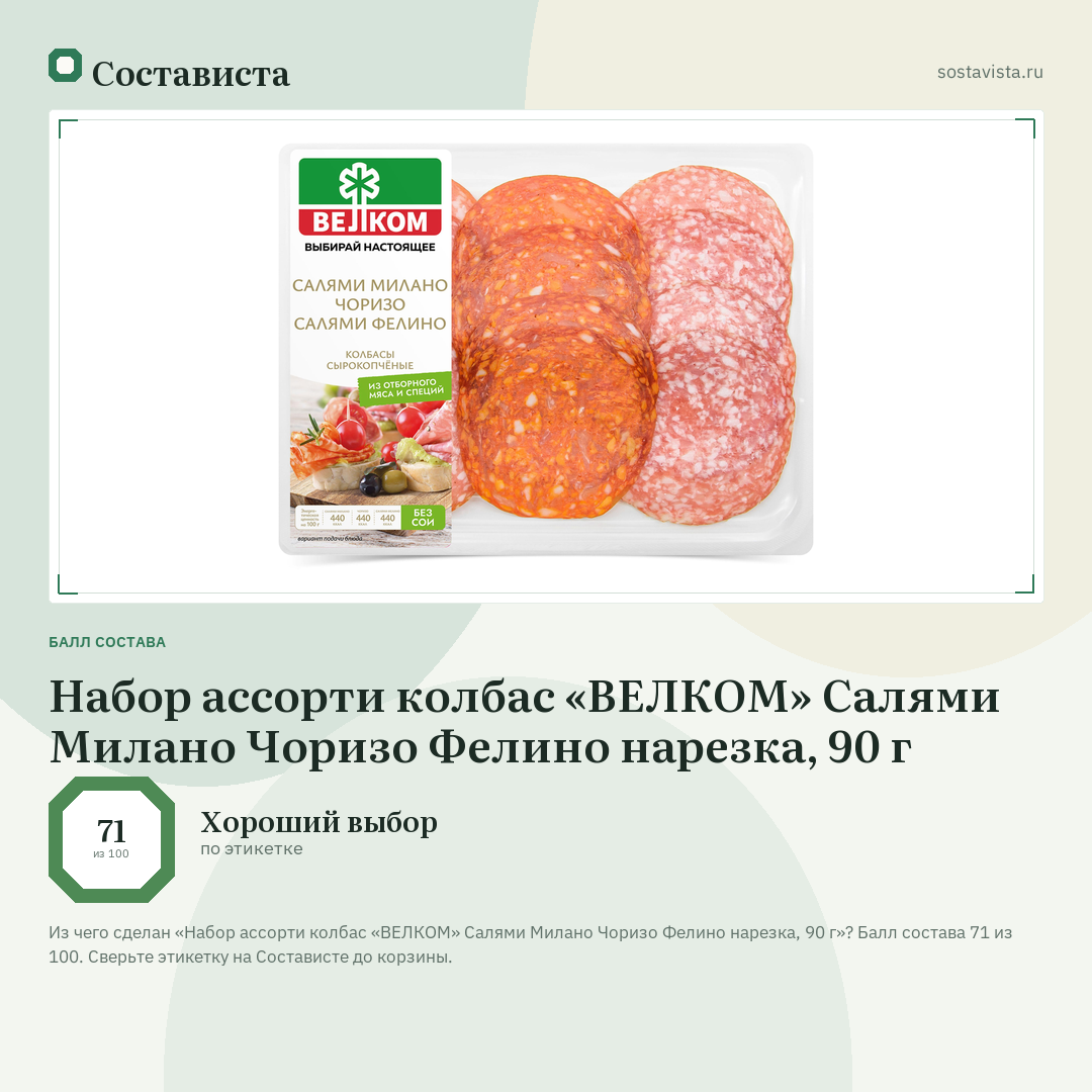 Набор ассорти колбас «ВЕЛКОМ» Салями Милано Чоризо Фелино нарезка, 90 г: балл состава 71 из 100 — Состависта