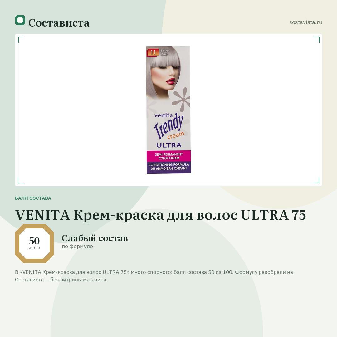 VENITA Крем-краска для волос ULTRA 75: балл состава 50 из 100 — Состависта