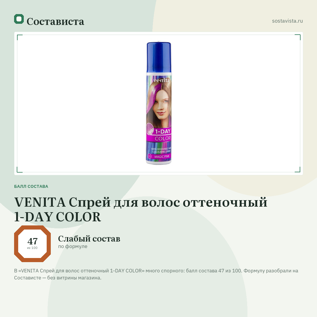 VENITA Спрей для волос оттеночный 1-DAY COLOR: балл состава 47 из 100 — Состависта