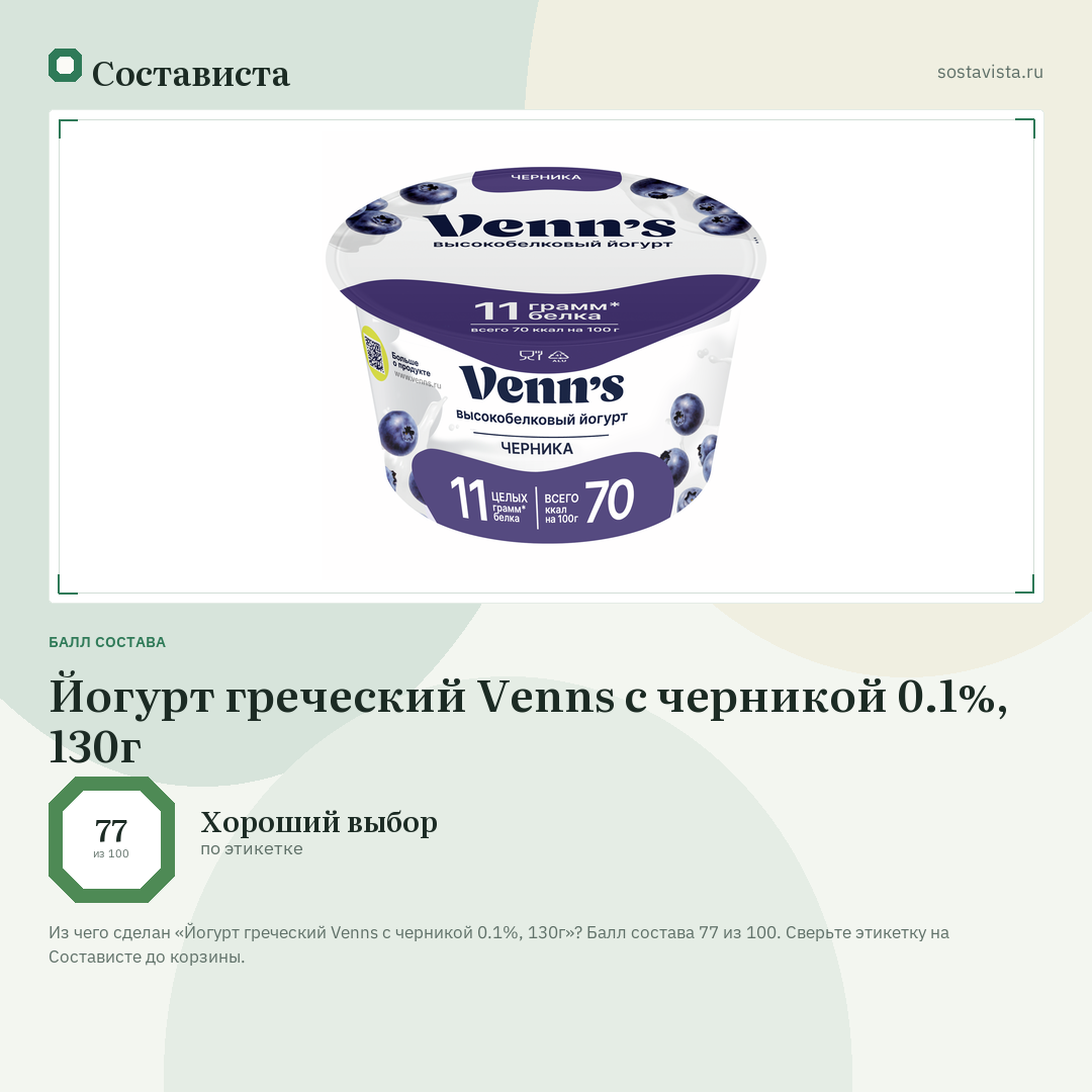 Йогурт греческий Venns с черникой 0.1%, 130г: балл состава 77 из 100 — Состависта