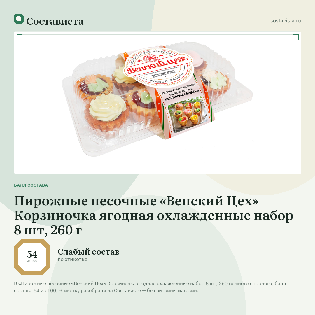 Пирожные песочные «Венский Цех» Корзиночка ягодная охлажденные набор 8 шт, 260 г: балл состава 54 из 100 — Состависта