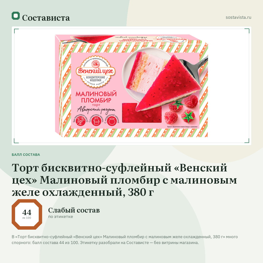 Торт бисквитно-суфлейный «Венский цех» Малиновый пломбир с малиновым желе охлажденный, 380 г: балл состава 44 из 100 — Состависта