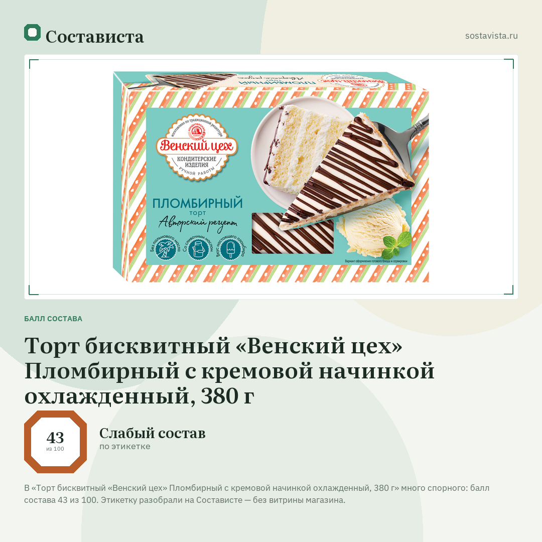 Торт бисквитный «Венский цех» Пломбирный с кремовой начинкой охлажденный, 380 г: балл состава 43 из 100 — Состависта