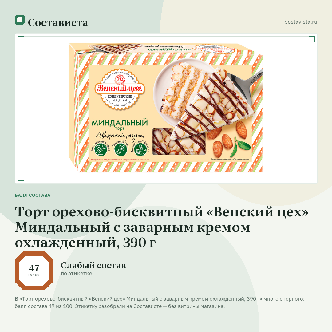 Торт орехово-бисквитный «Венский цех» Миндальный с заварным кремом охлажденный, 390 г: балл состава 47 из 100 — Состависта
