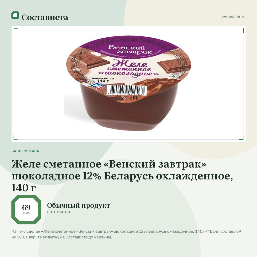 Желе сметанное «Венский завтрак» шоколадное 12% Беларусь охлажденное, 140 г: балл состава 69 из 100 — Состависта