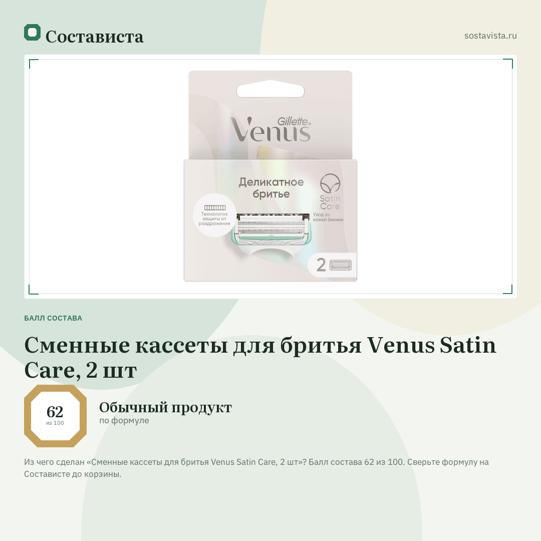 Cменные кассеты для бритья Venus Satin Care, 2 шт: балл состава 62 из 100 — Состависта