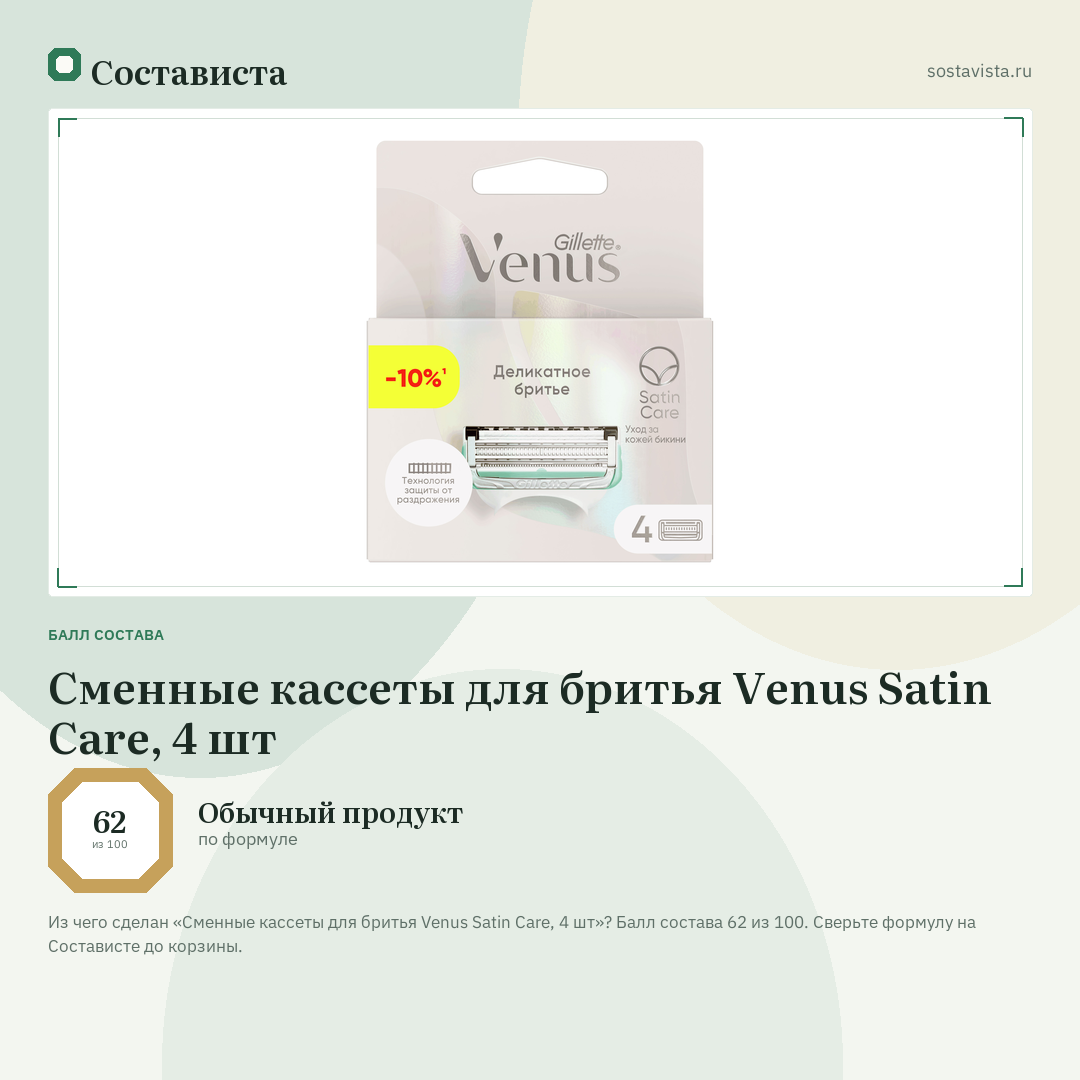 Cменные кассеты для бритья Venus Satin Care, 4 шт: балл состава 62 из 100 — Состависта