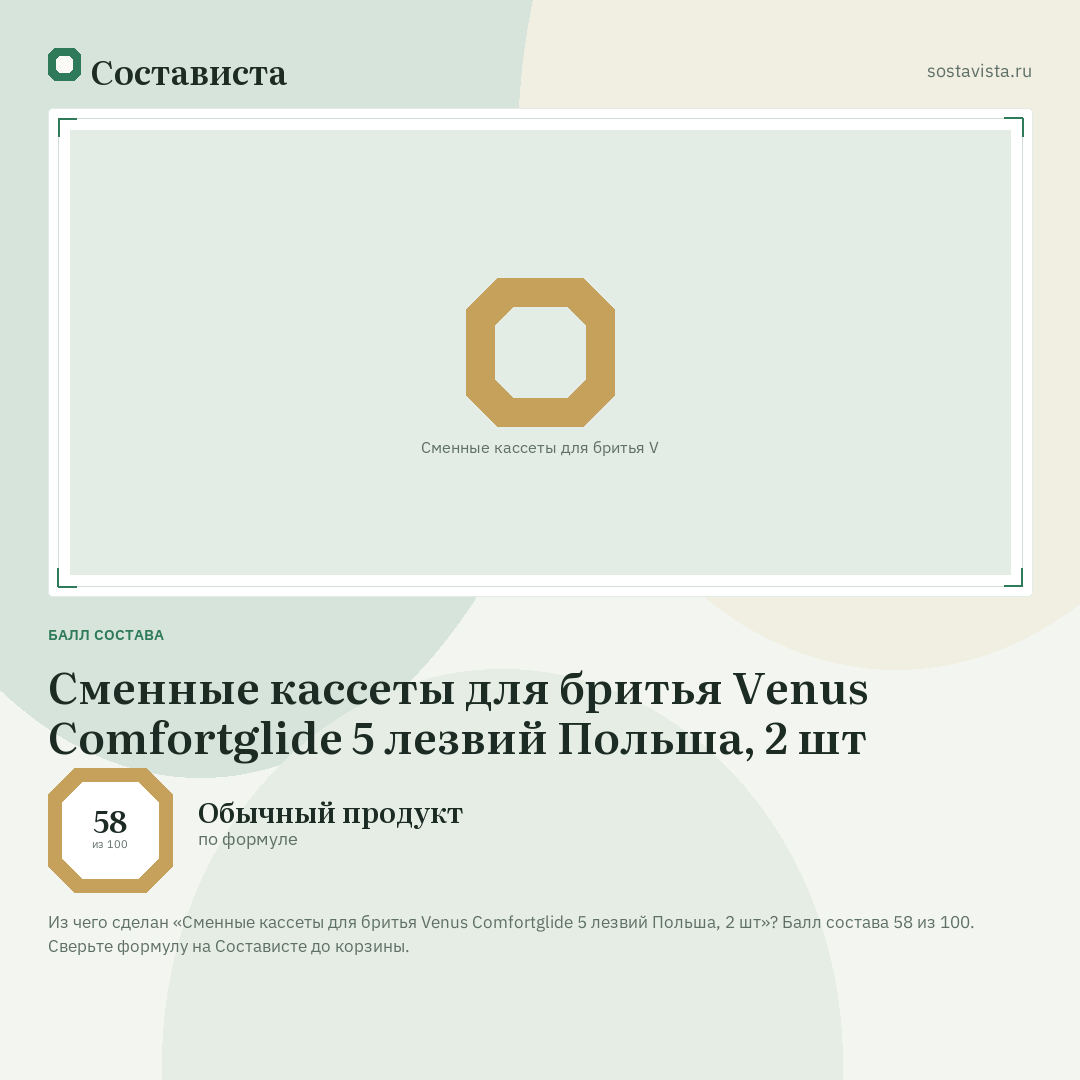 Сменные кассеты для бритья Venus Comfortglide 5 лезвий Польша, 2 шт: балл состава 58 из 100 — Состависта
