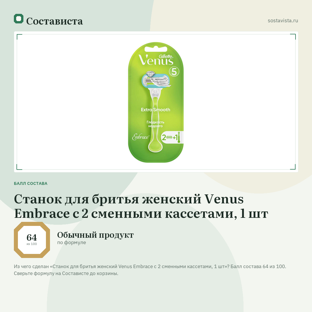 Станок для бритья женский Venus Embrace с 2 сменными кассетами, 1 шт: балл состава 64 из 100 — Состависта