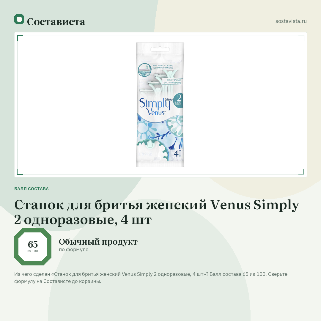 Станок для бритья женский Venus Simply 2 одноразовые, 4 шт: балл состава 65 из 100 — Состависта