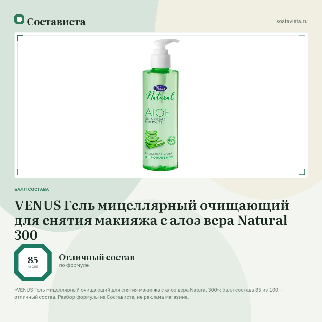 VENUS Гель мицеллярный очищающий для снятия макияжа с алоэ вера Natural 300: балл состава 85 из 100 — Состависта
