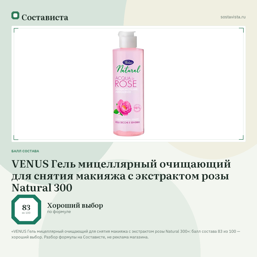 VENUS Гель мицеллярный очищающий для снятия макияжа с экстрактом розы Natural 300: балл состава 83 из 100 — Состависта
