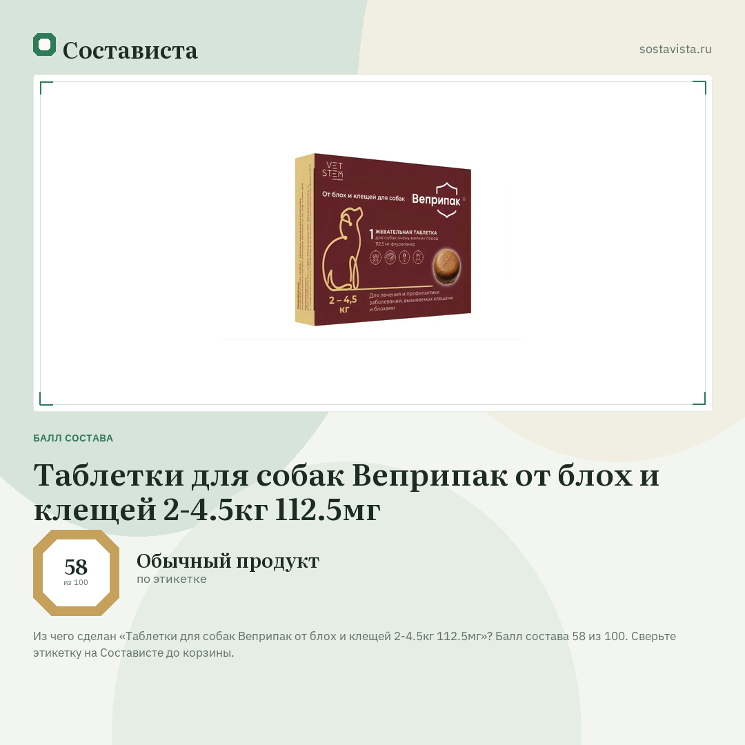 Таблетки для собак Веприпак от блох и клещей 2-4.5кг 112.5мг: балл состава 58 из 100 — Состависта