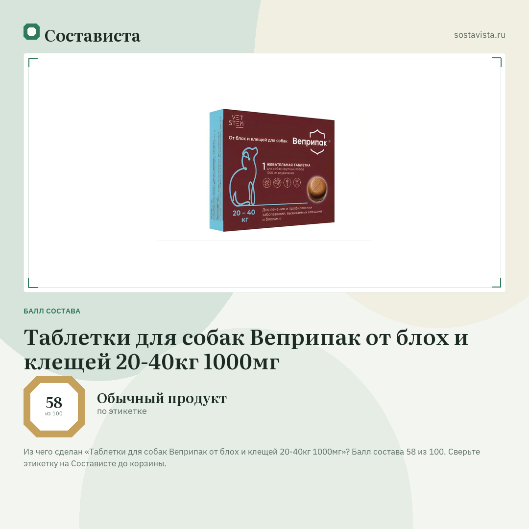 Таблетки для собак Веприпак от блох и клещей 20-40кг 1000мг: балл состава 58 из 100 — Состависта