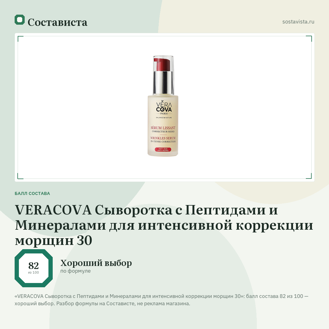 VERACOVA Сыворотка с Пептидами и Минералами для интенсивной коррекции морщин 30: балл состава 82 из 100 — Состависта