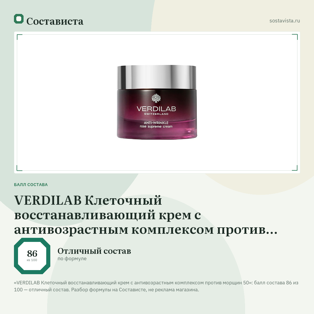 VERDILAB Клеточный восстанавливающий крем с антивозрастным комплексом против морщин 50: балл состава 86 из 100 — Состависта