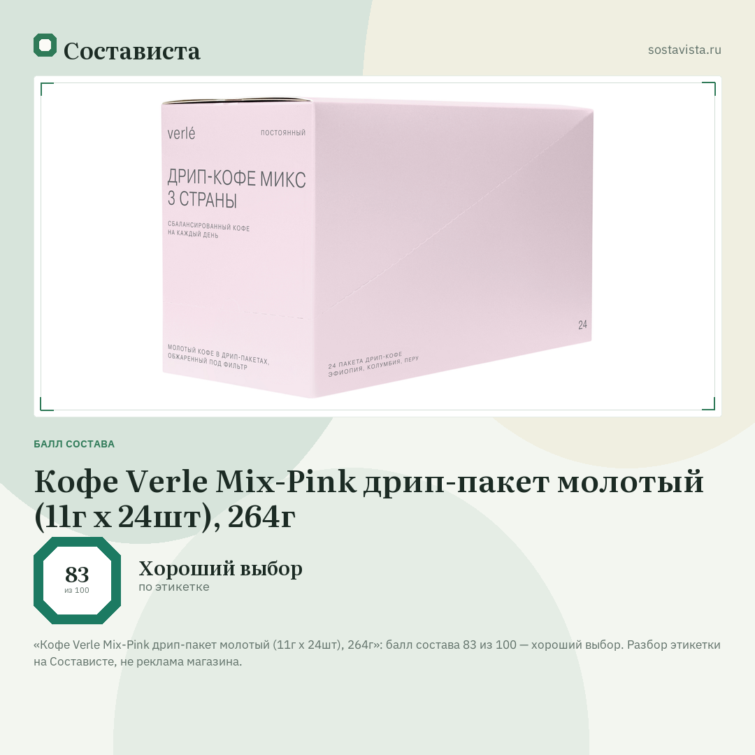 Кофе Verle Mix-Pink дрип-пакет молотый (11г х 24шт), 264г: балл состава 83 из 100 — Состависта
