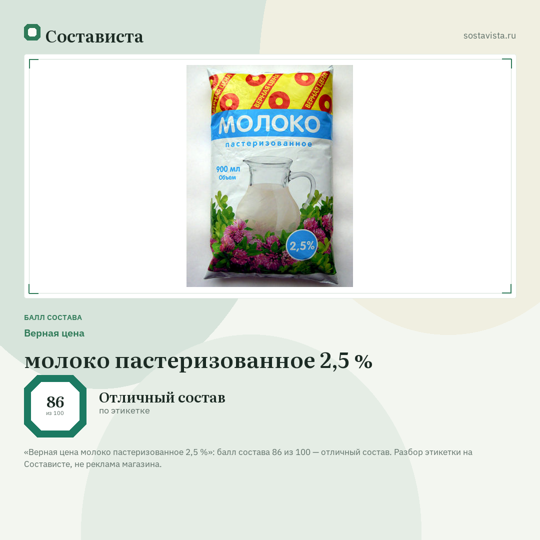 Верная цена молоко пастеризованное 2,5 %: балл состава 86 из 100 — Состависта