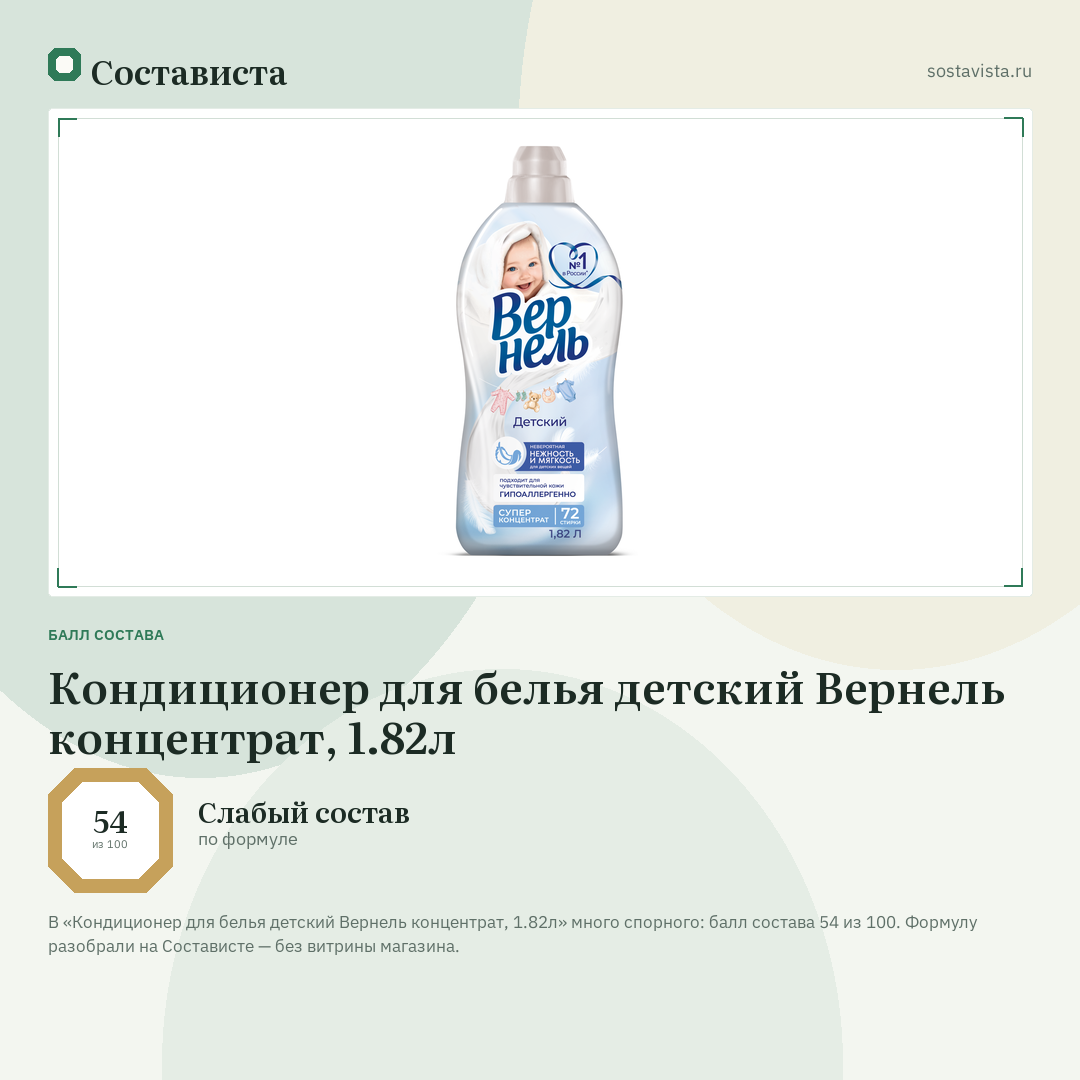 Кондиционер для белья детский Вернель концентрат, 1.82л: балл состава 54 из 100 — Состависта