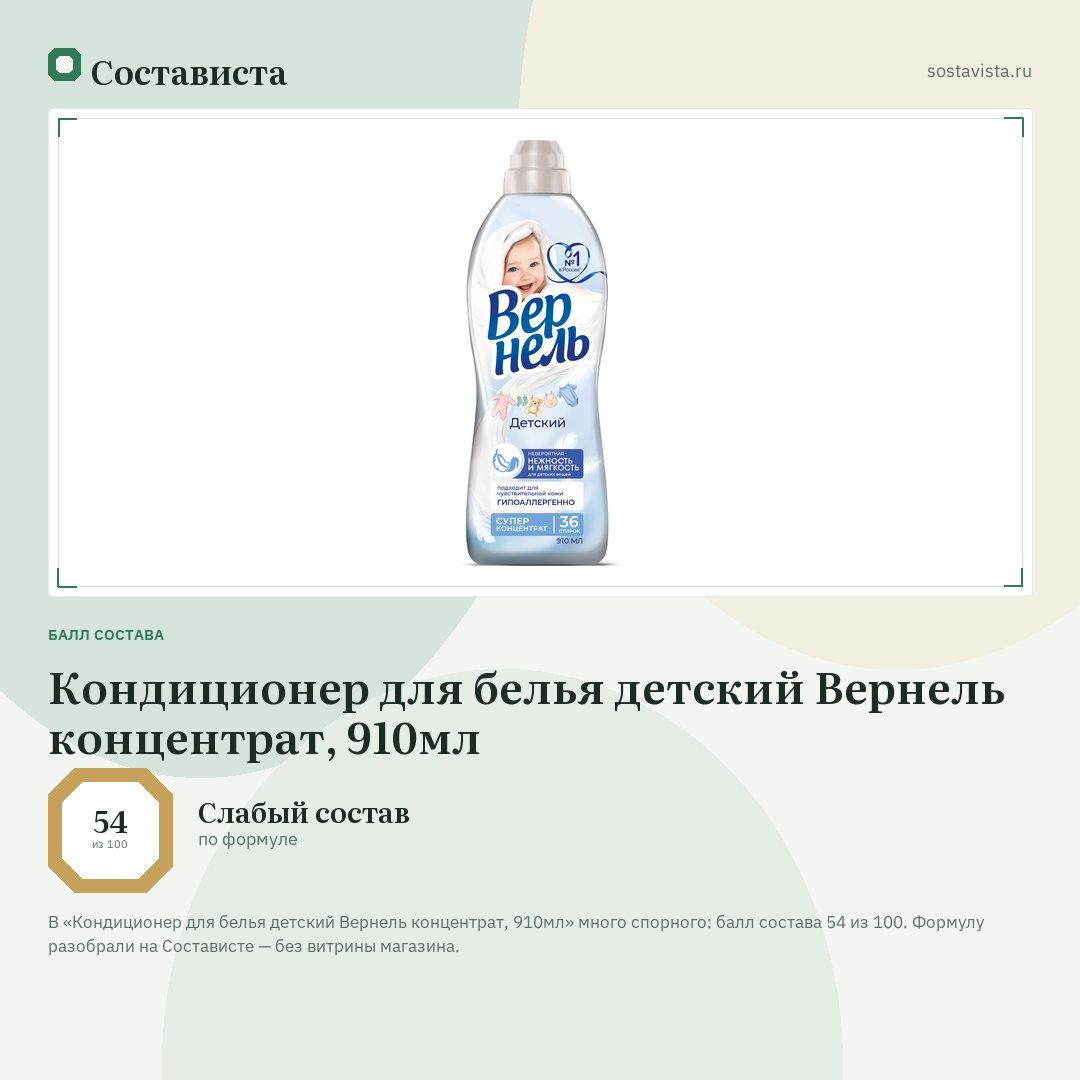 Кондиционер для белья детский Вернель концентрат, 910мл: балл состава 54 из 100 — Состависта
