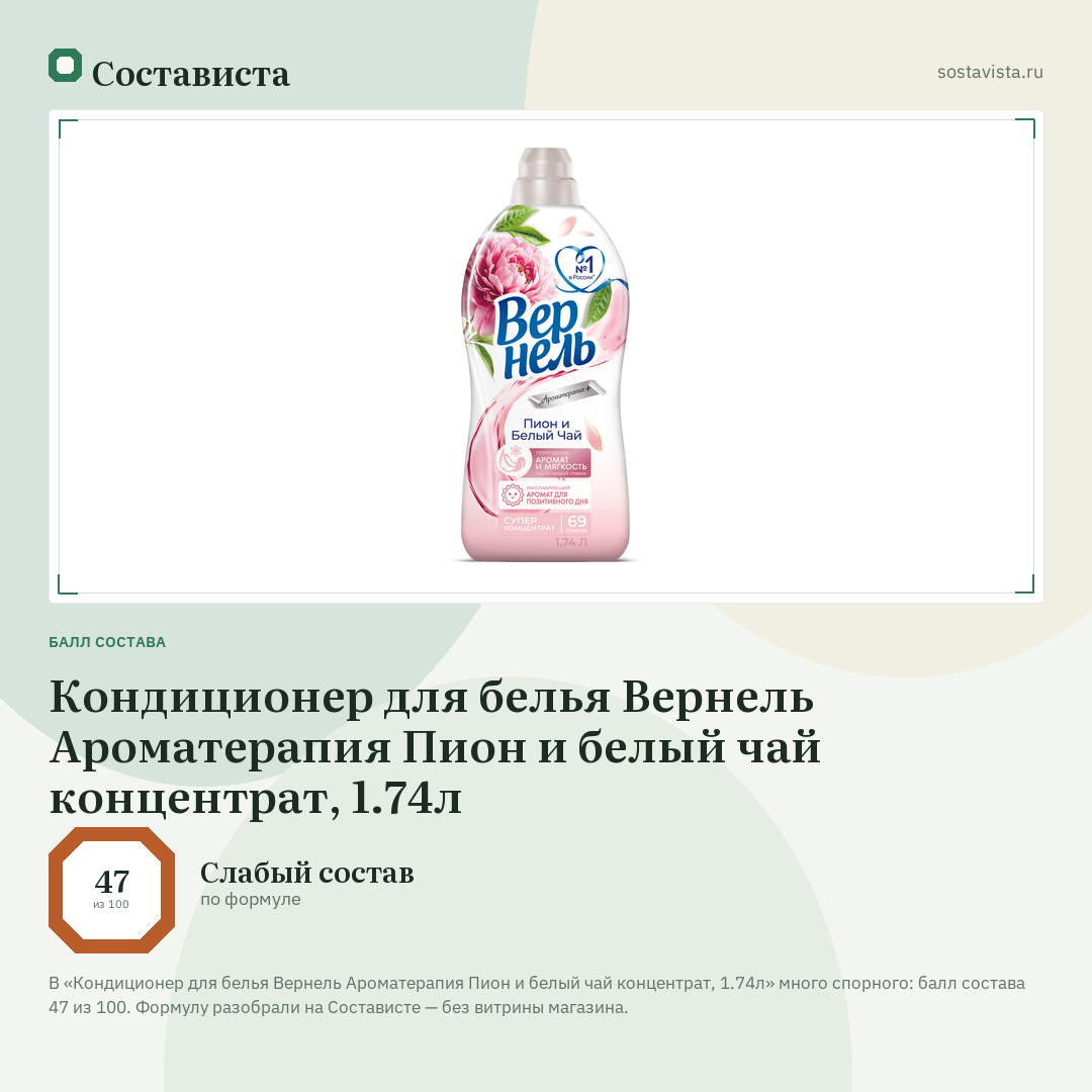 Кондиционер для белья Вернель Ароматерапия Пион и белый чай концентрат, 1.74л: балл состава 47 из 100 — Состависта