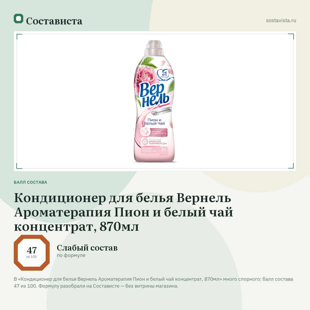 Кондиционер для белья Вернель Ароматерапия Пион и белый чай концентрат, 870мл: балл состава 47 из 100 — Состависта