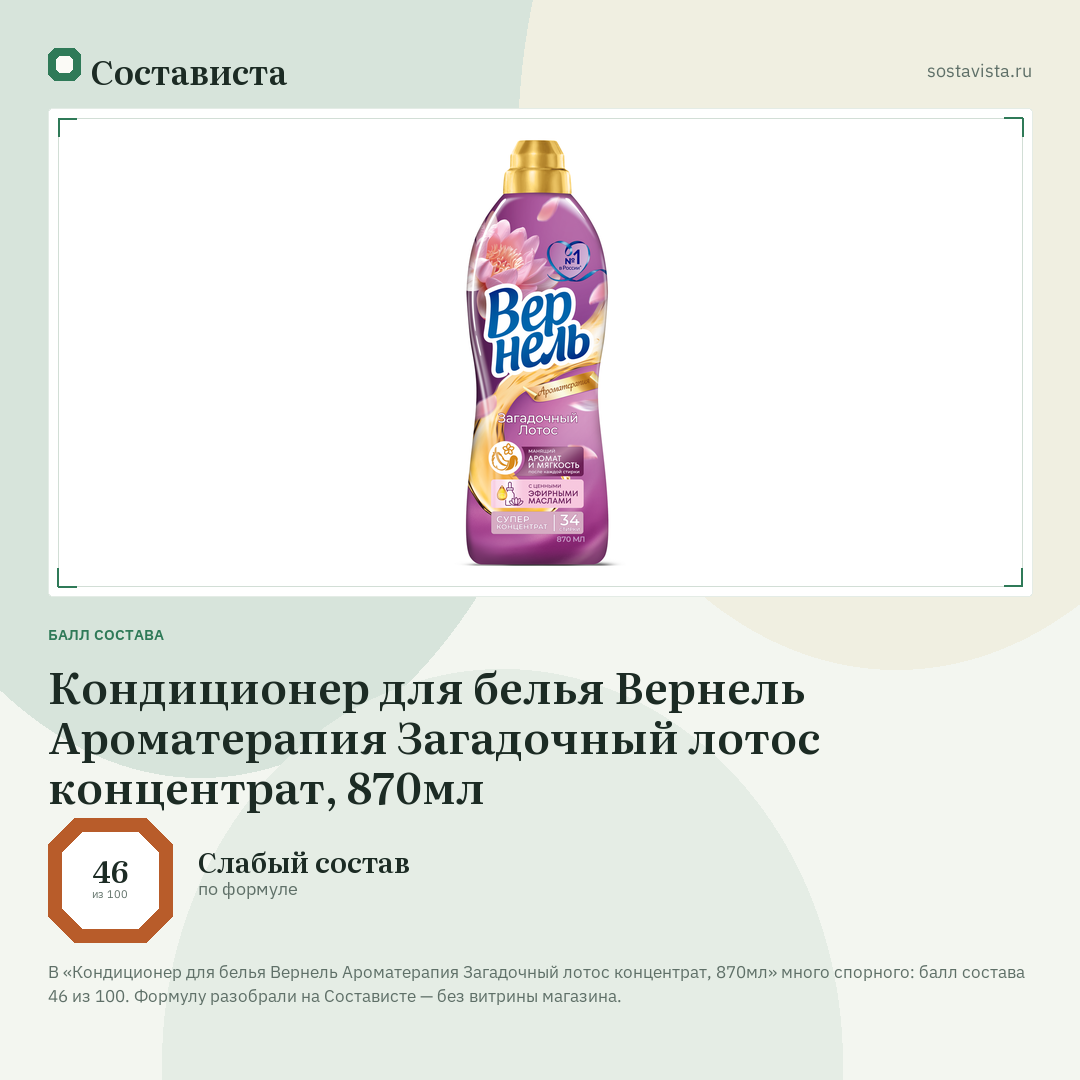 Кондиционер для белья Вернель Ароматерапия Загадочный лотос концентрат, 870мл: балл состава 46 из 100 — Состависта