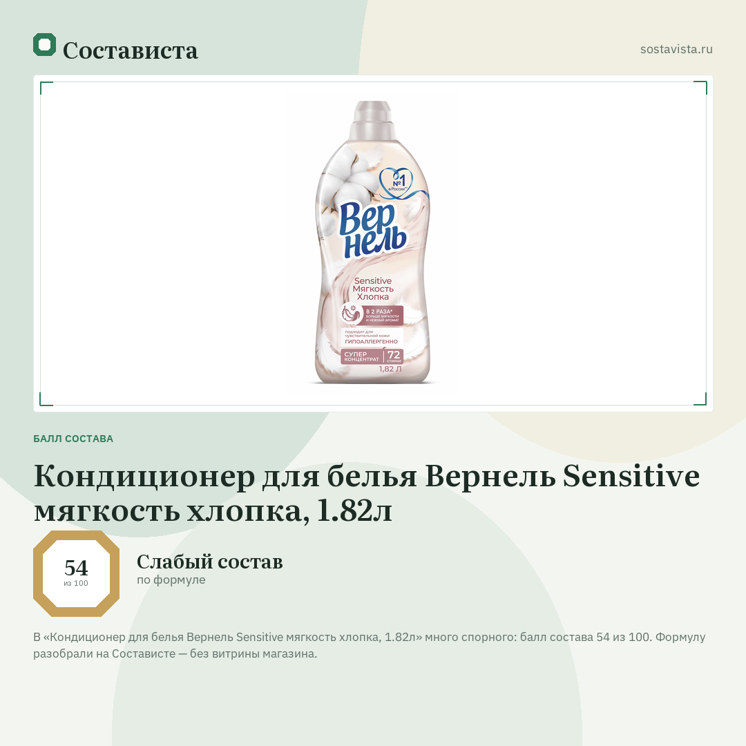 Кондиционер для белья Вернель Sensitive мягкость хлопка, 1.82л: балл состава 54 из 100 — Состависта